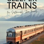 Train by mountain lake