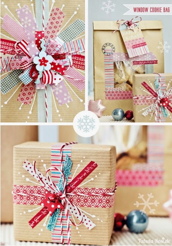 Awesome DIY Christmas gift wrap homemade with brown paper and pink and red washi tape #christmas #christamasgiftwrap #christmascrafts #brownpaper #washitape #christmasideas 