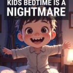 Cartoon of a young boy jumping on bed at bedtime