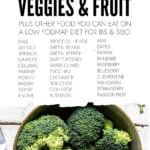 Broccoli in a bowl with a list of low FODMAP vegetables and fruit