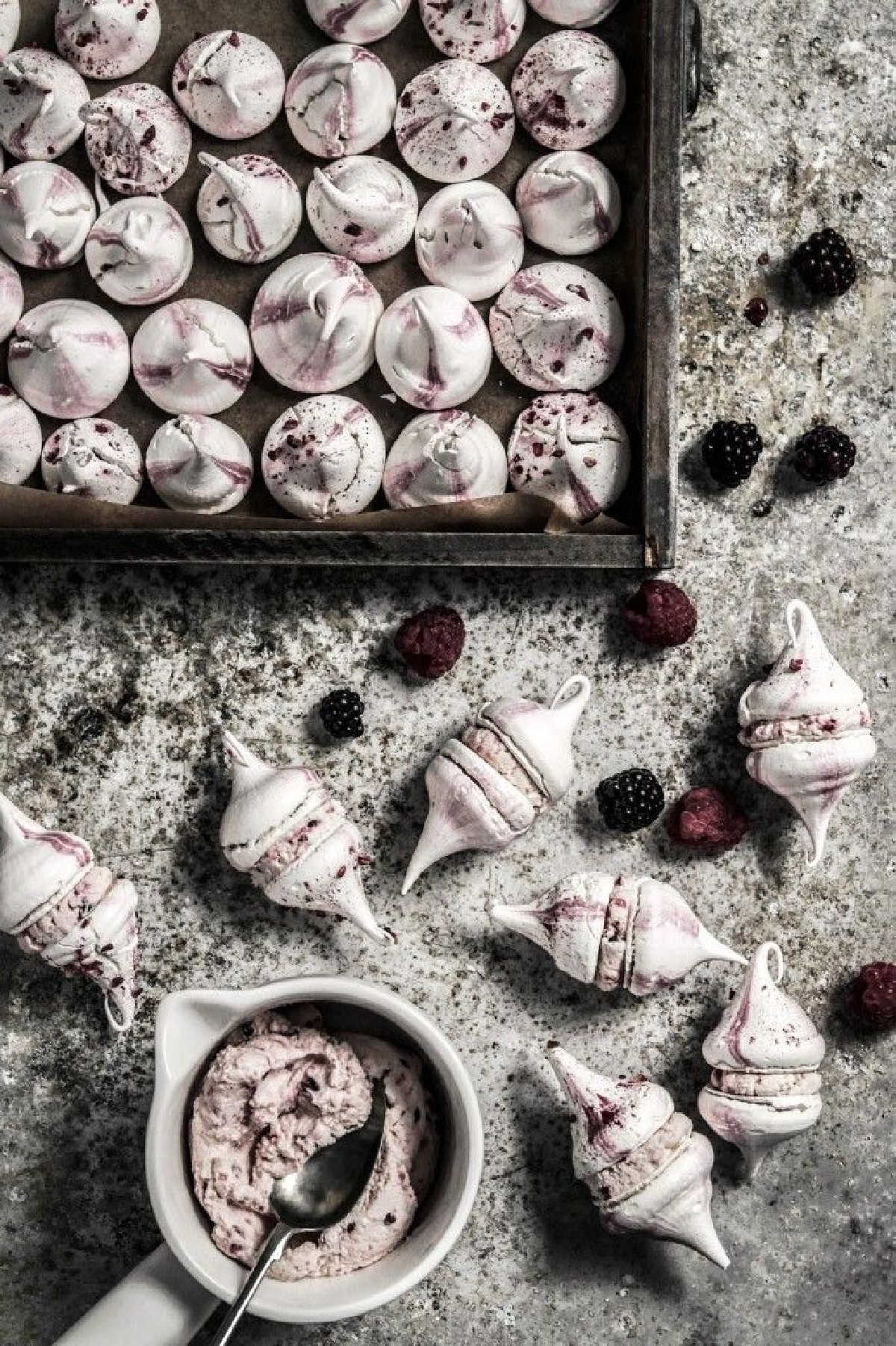 Blackberry meringue kisses.