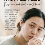 Young tired woman in infographic about iron deficiency