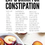 Bowl of cut plums with list of food and drink that can help relieve constipation