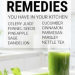 Glass of celery juice on kitchen worktop