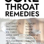 Jar of coconut oil in the background of list of home remedies for sore throats