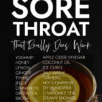 Cup of lemon tea on dark background with information about sore throat remedies