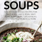 Bowl of black bean soup with sour cream, avocado and parsley