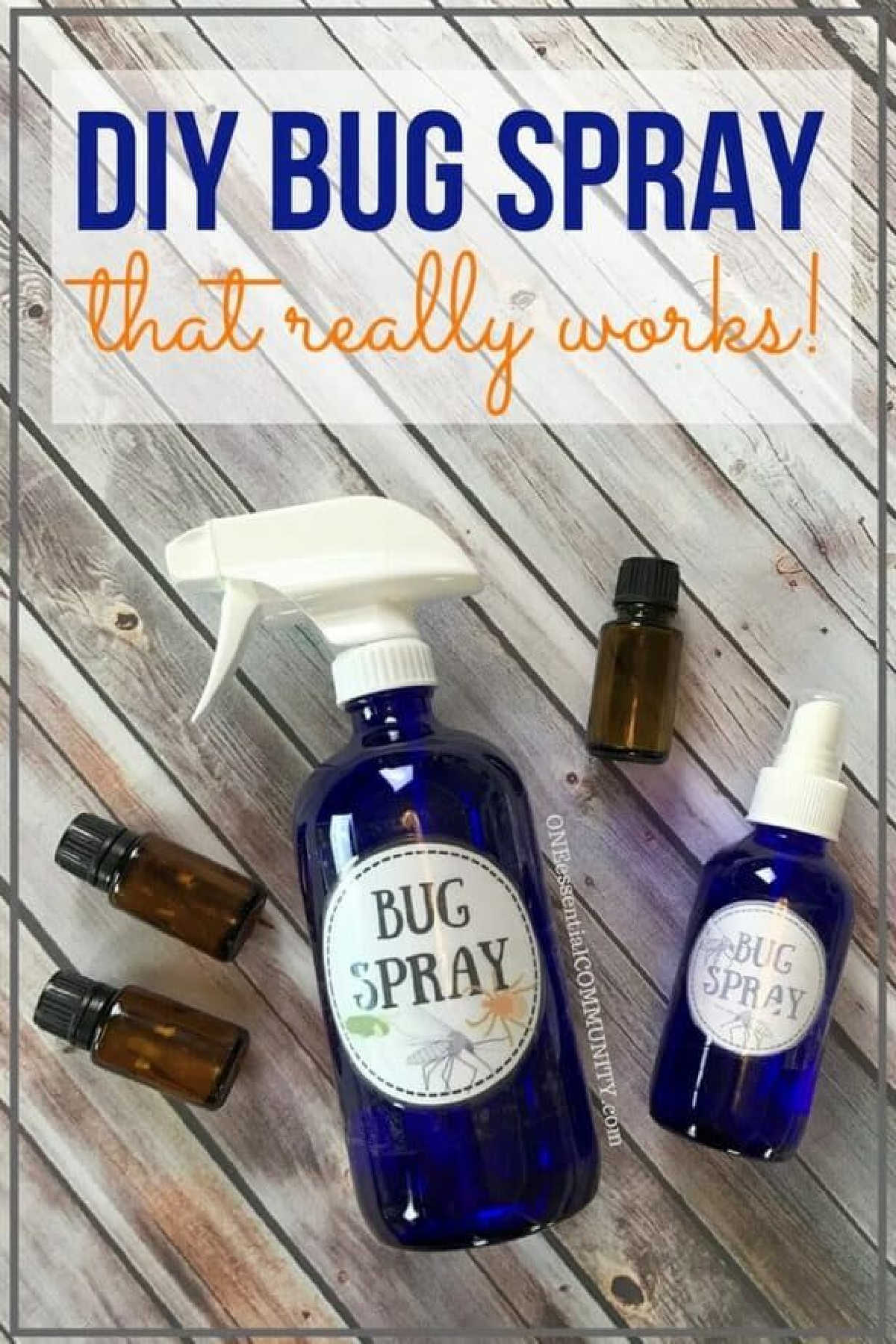 DIY bug spray in a blue bottle