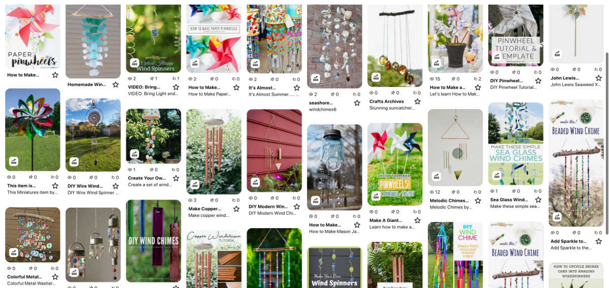 Collage of DIY windchimes and pinwheels