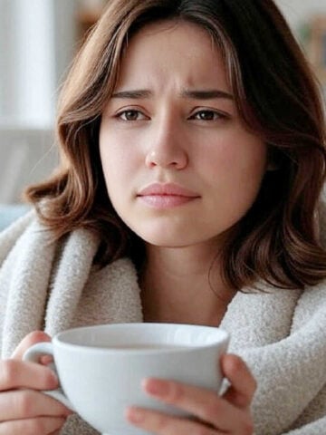Woman wrapped in blanket holding a hot drink