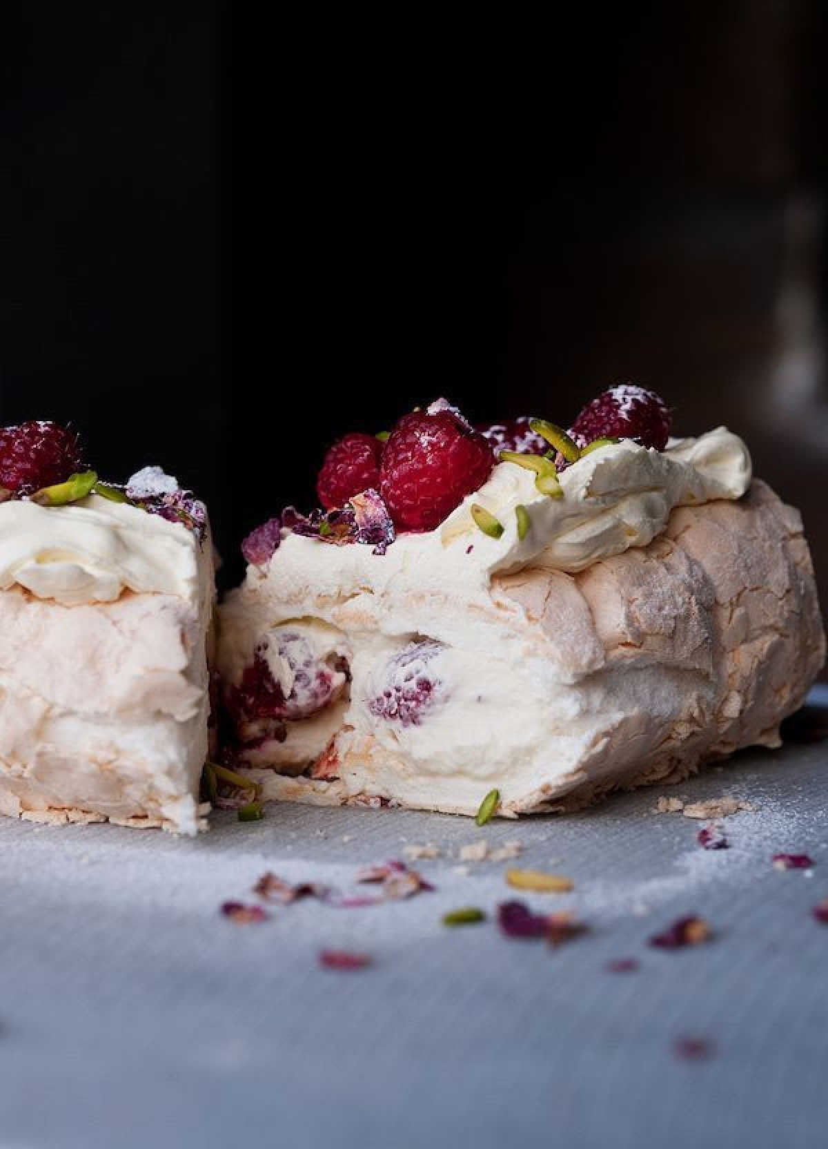 Raspberry Pistachio Meringue Roulade