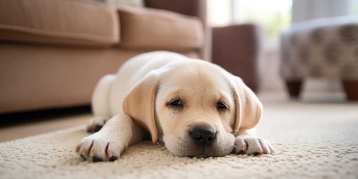 Labrador puppy asleep on the carpet in living room