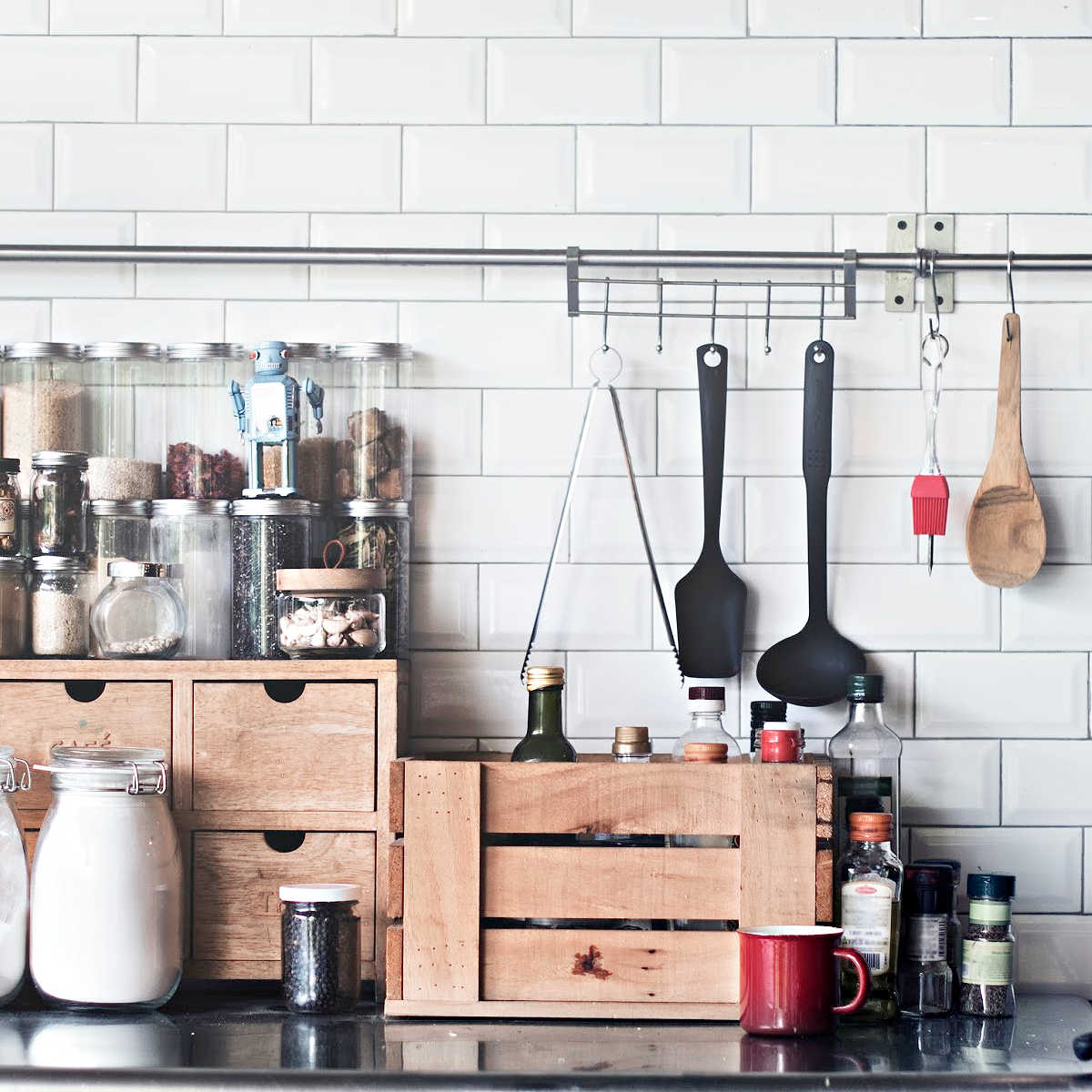 Kitchen utensils on a worktop