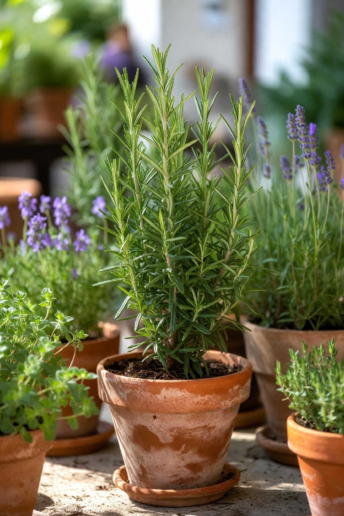 Small pot of rosemary growing amongst other pots of herbs