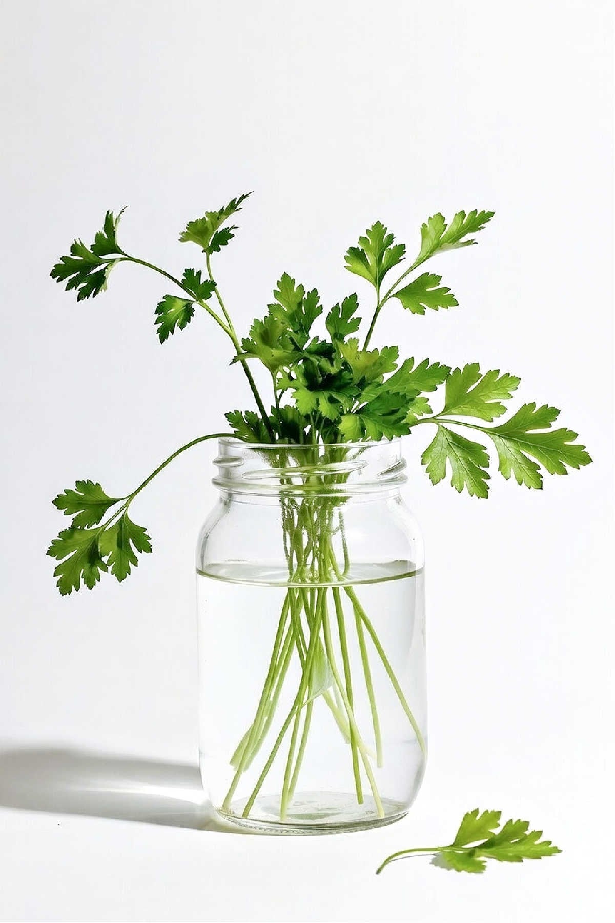 Parsley stems in jar of water on white background