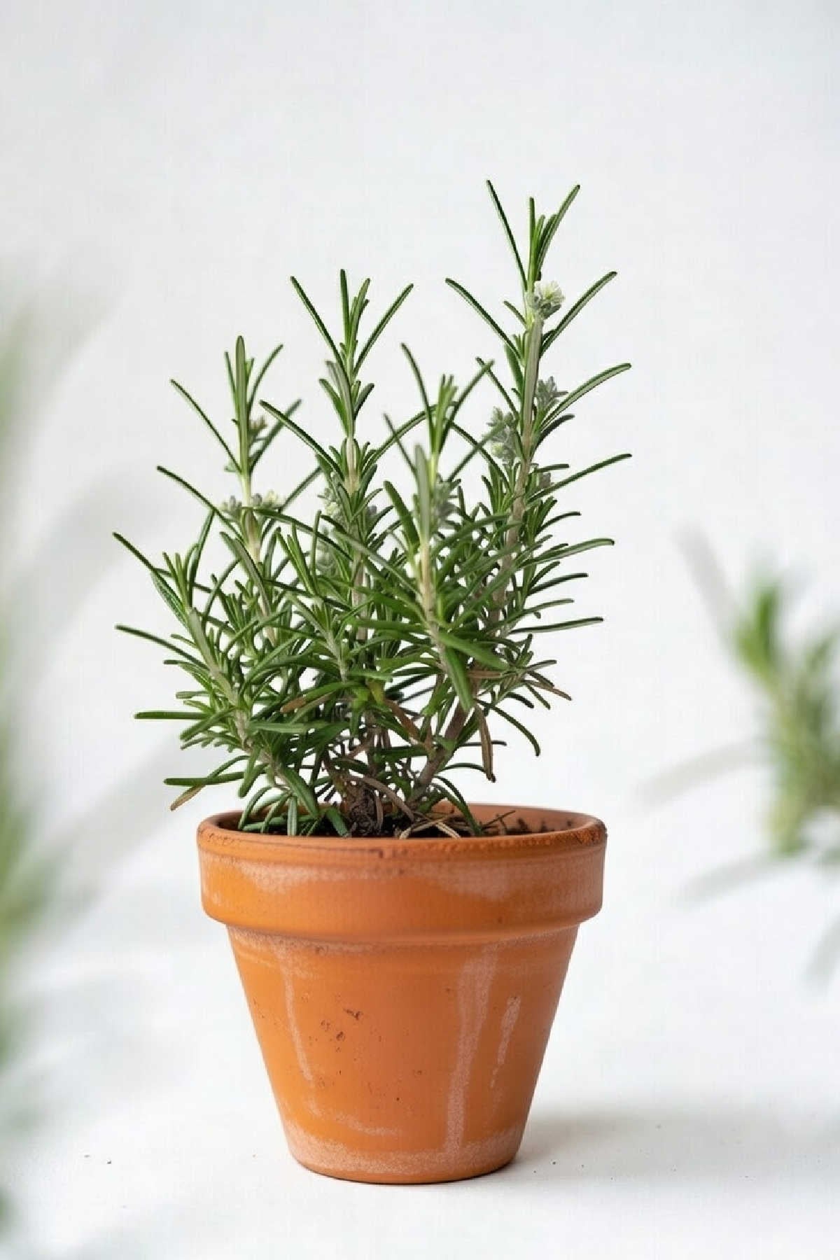 Rosemary plant growing in small terracotta pot