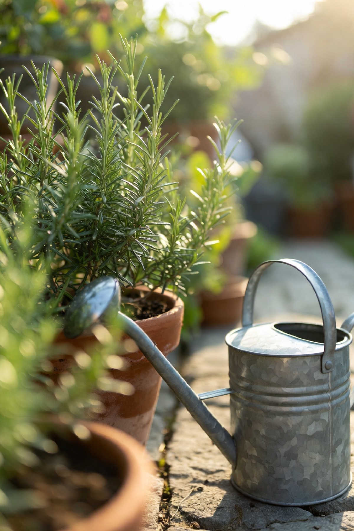 Watering can next to pots of rosemary
