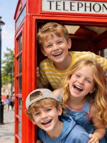 Three smiling children hanging out of a red London phonebox.