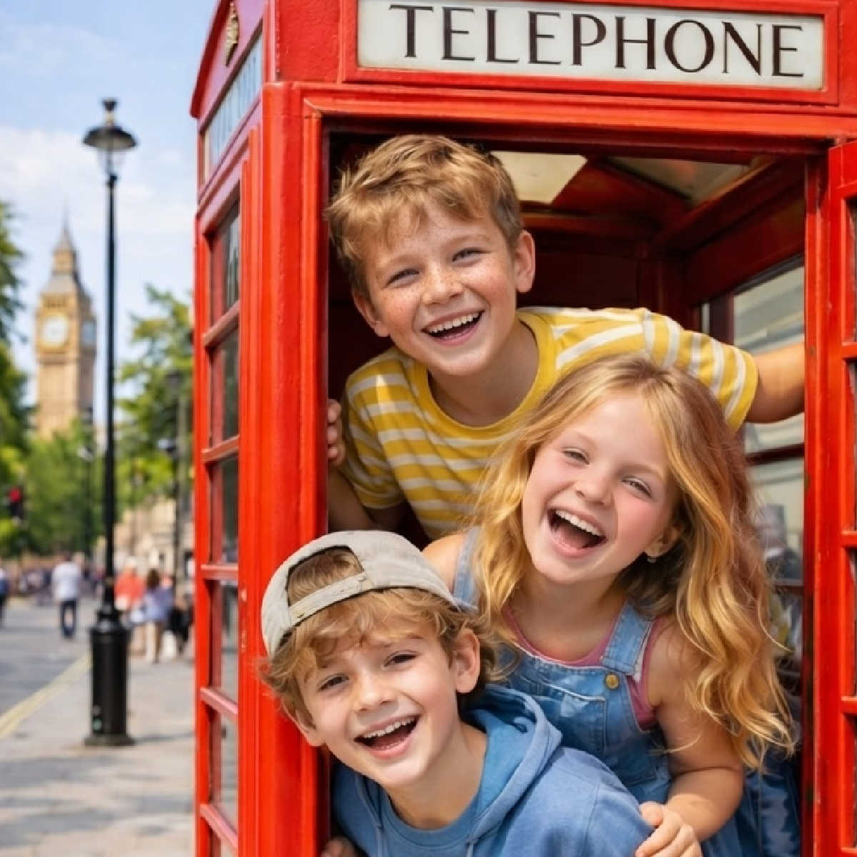 Three smiling children hanging out of a red London phonebox.