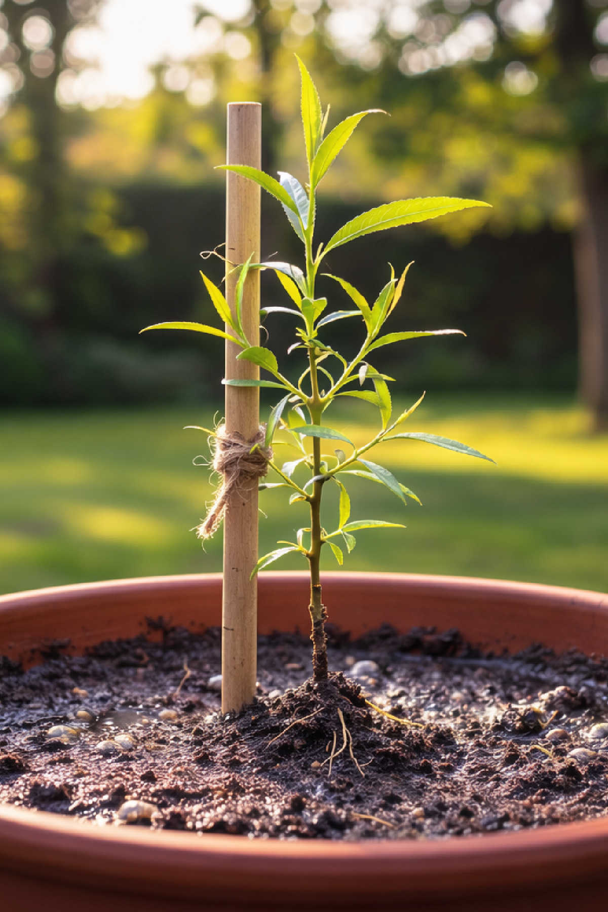 Willow sapling supported by stick in pot