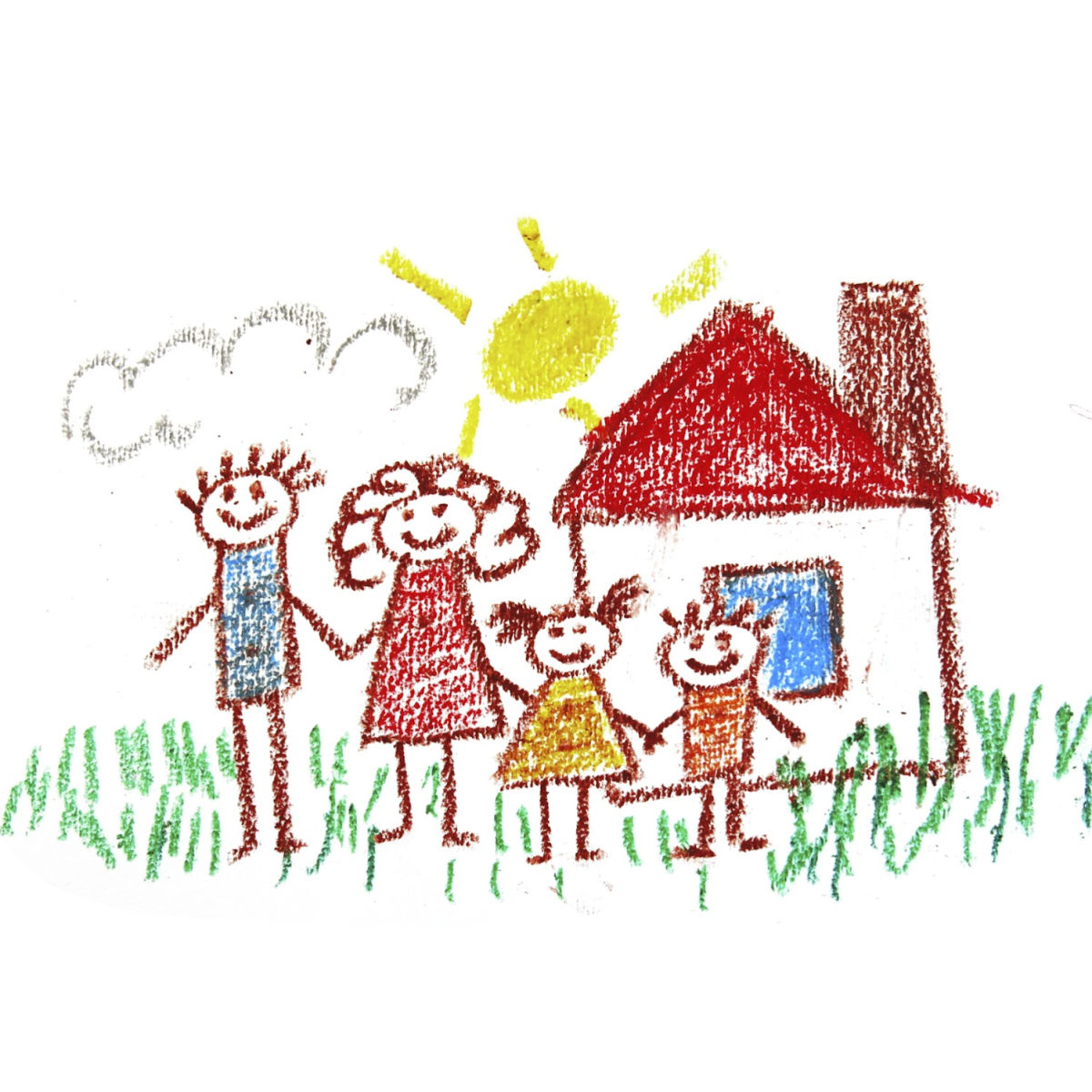 Child's drawing of a family in front of a house