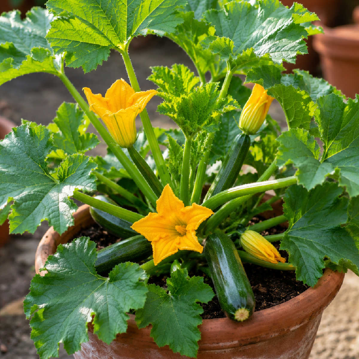 Zucchini plant in pot.