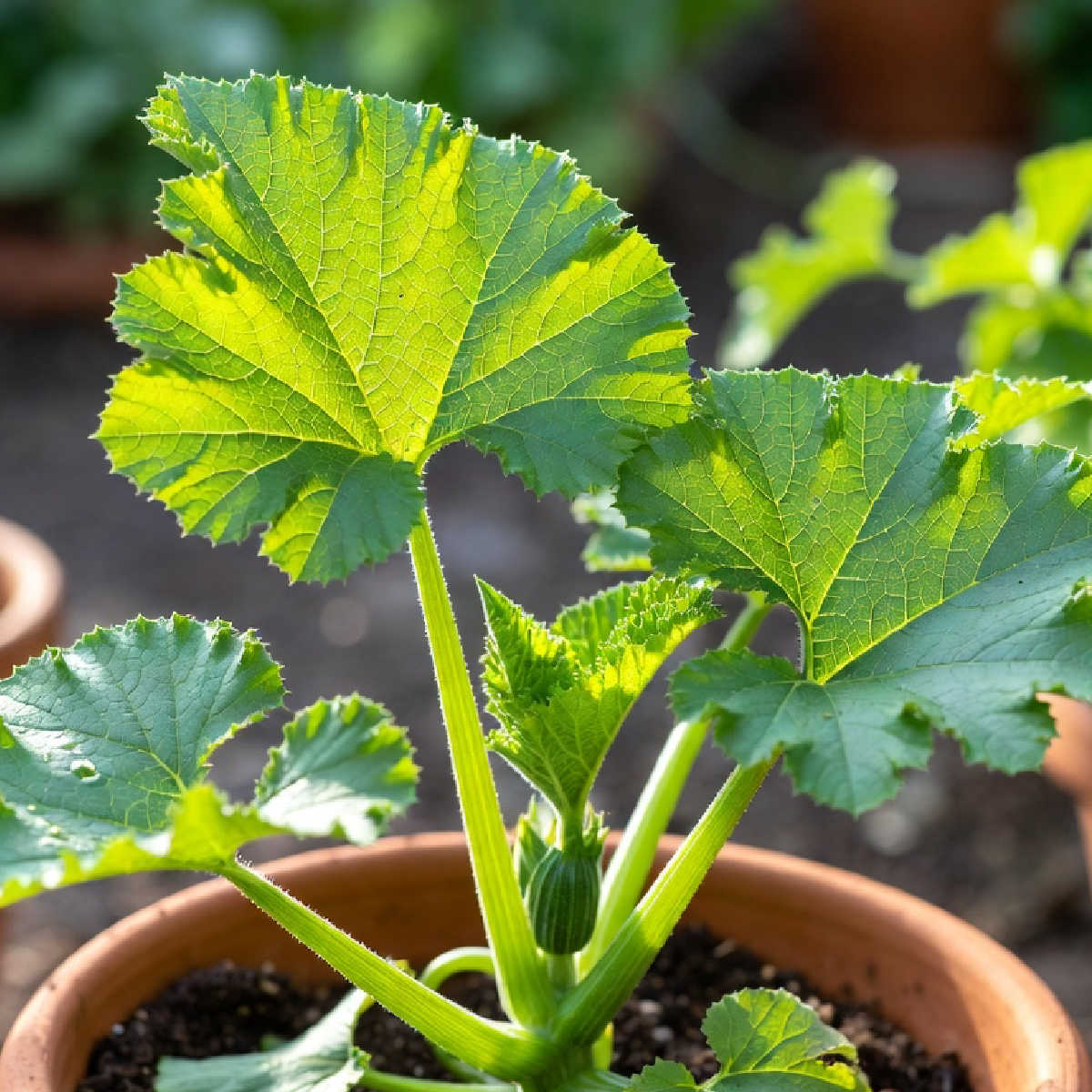 Zucchini plant in pot.