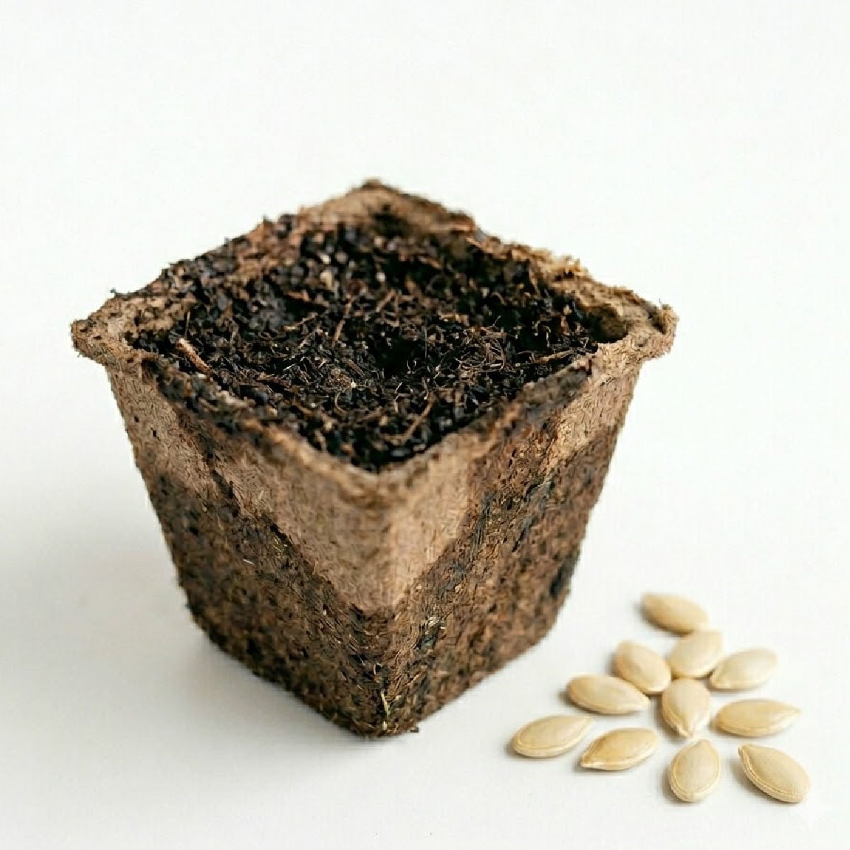 Zucchini seeds next to a mini pot