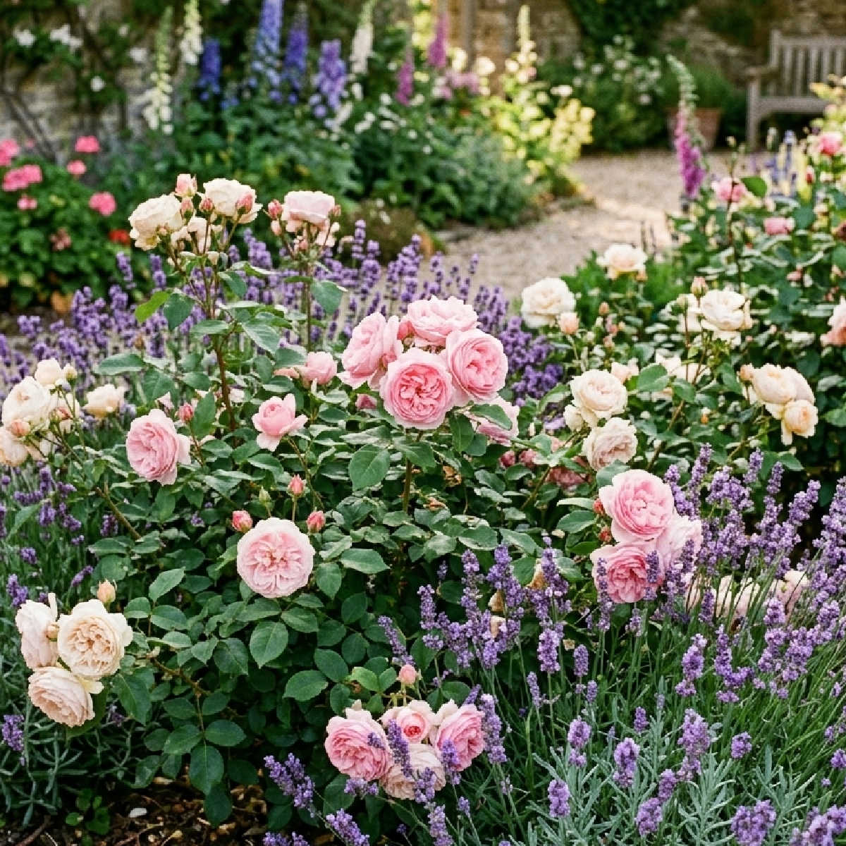 Roses interplanted with lavender