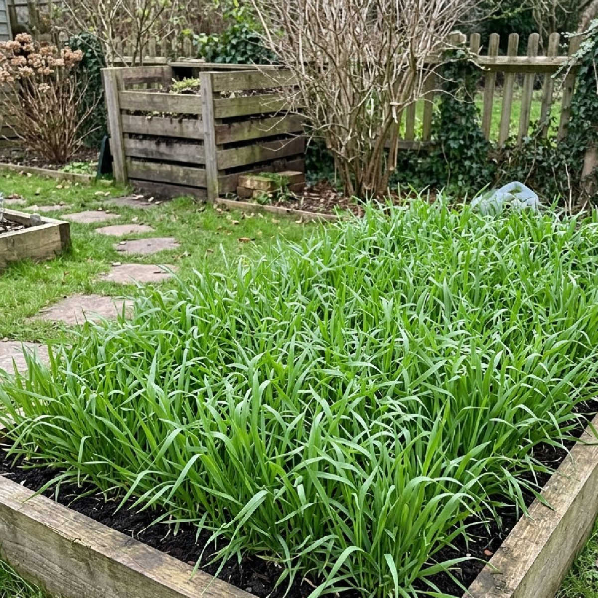 Forage oats growing as a winter cover crop in a backyard raised bed