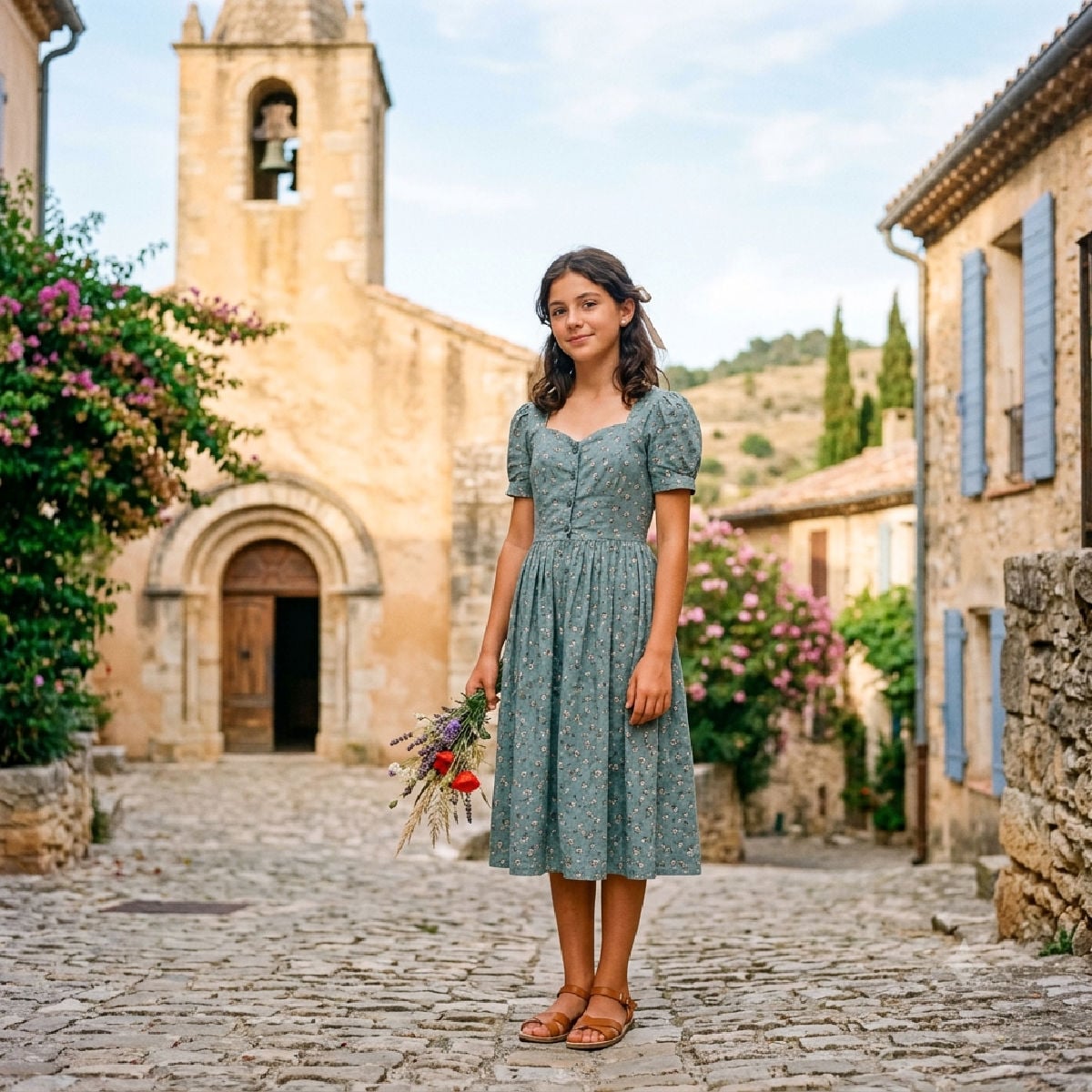 A teenage girl standing outside a church in a French village