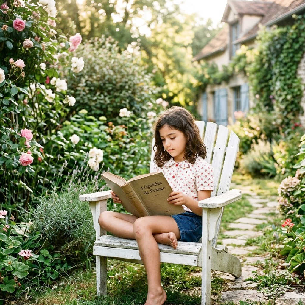 A young French girl sitting in a garden reading a big book
