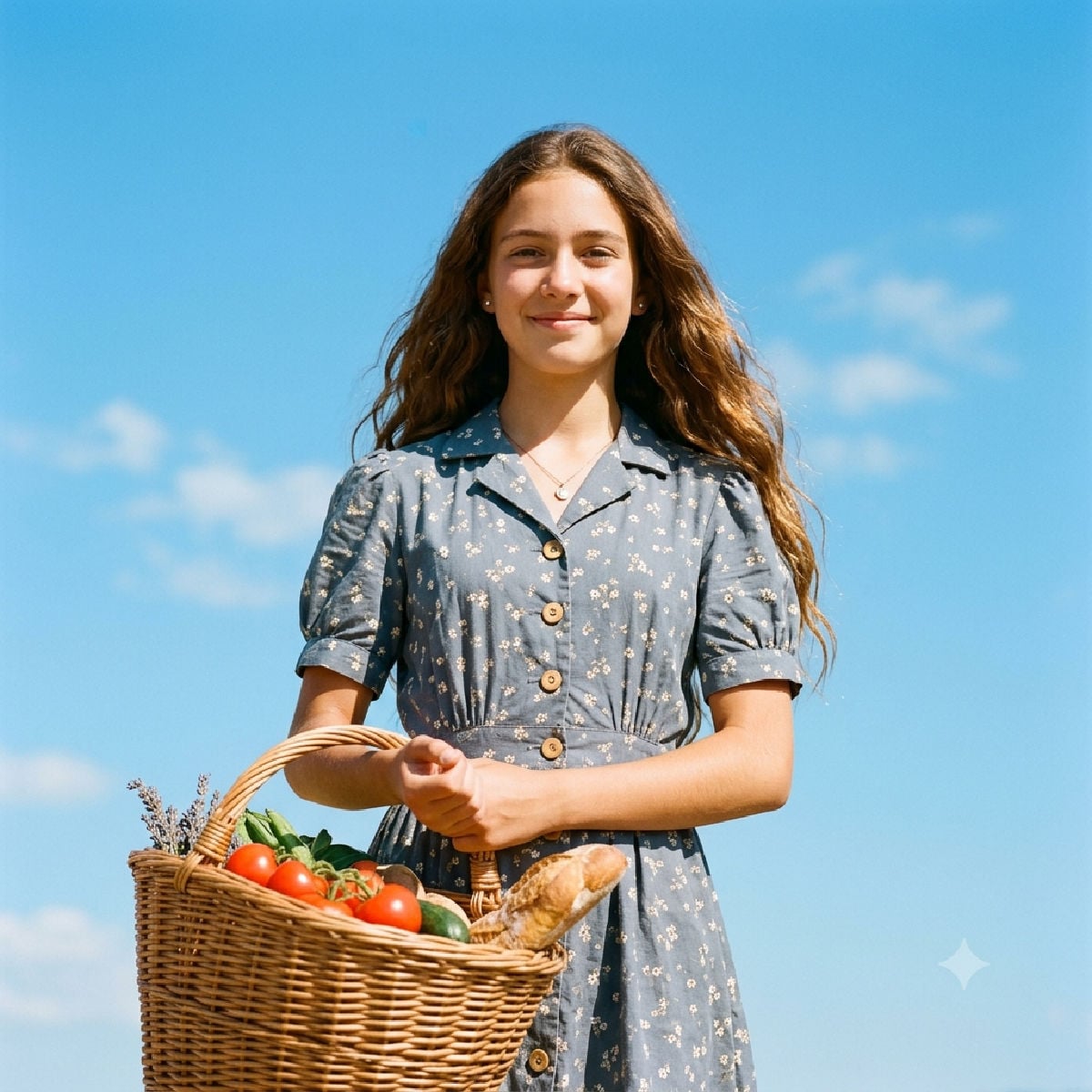 French girl wearing vintage style 40s dress with market basket
