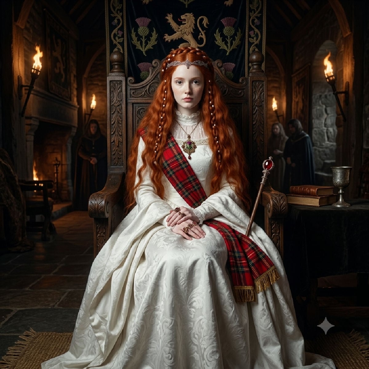 Romanticised picture of a medieval Scottish queen with red hair and a tartan sash.
