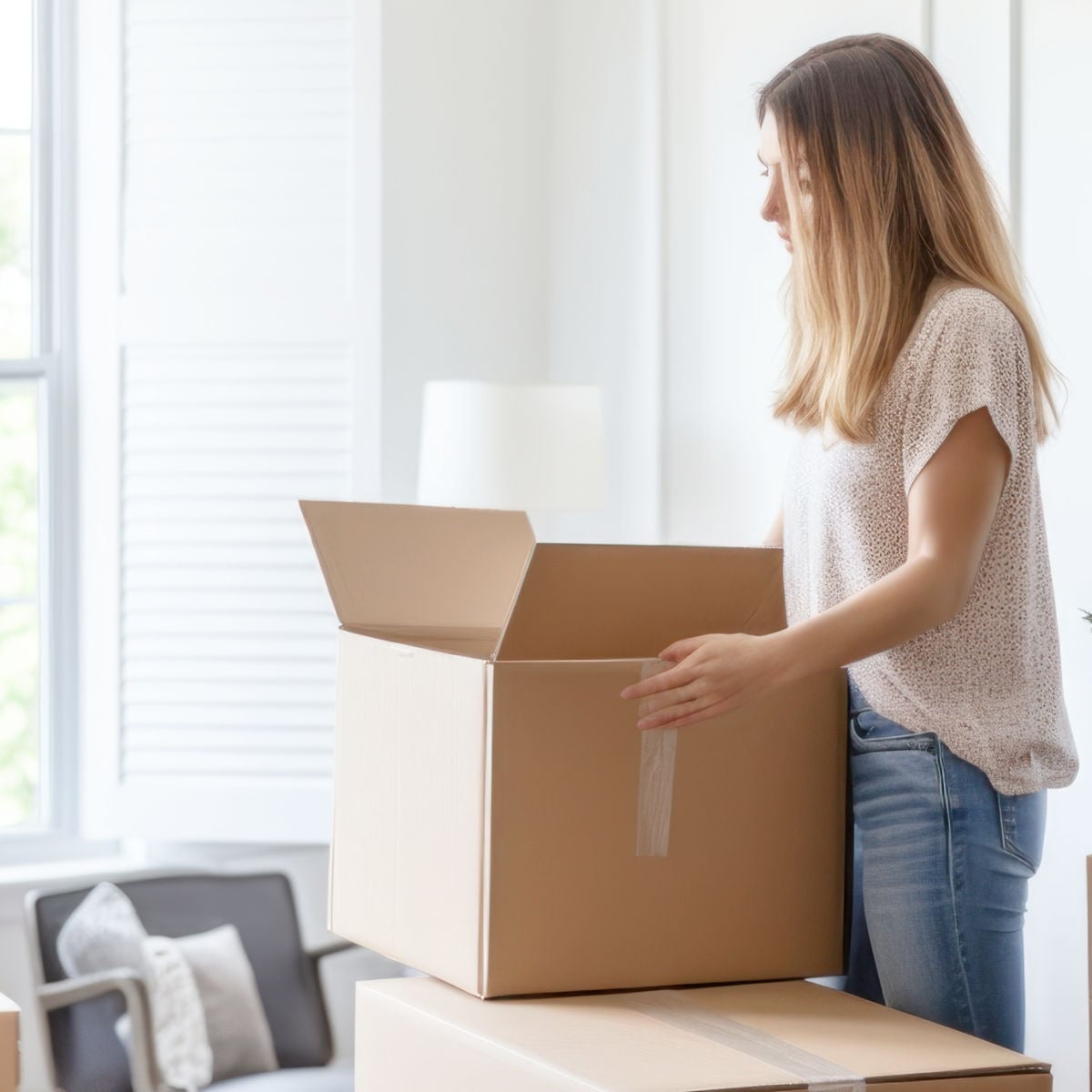 Woman sorting boxes in living room