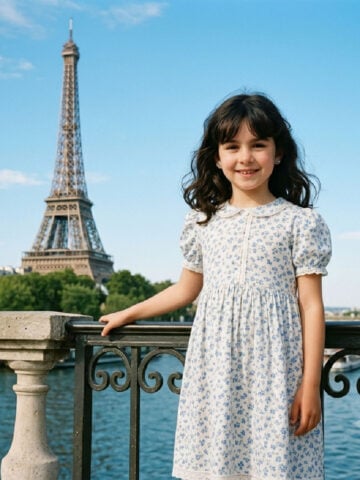 A French girl standing in front of the Eiffel Tower