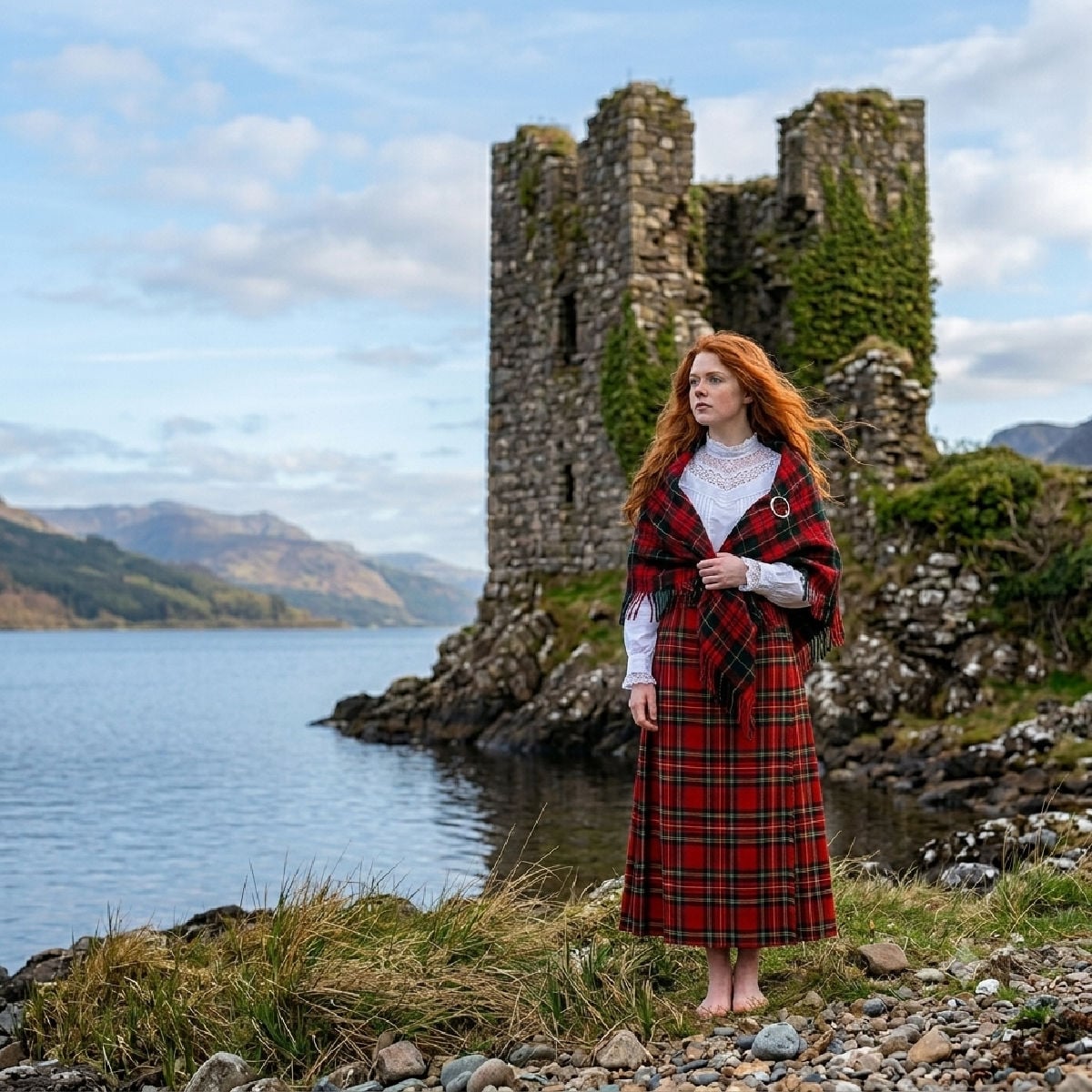 Scottish woman with long red hair wearing tartan standing next to a ruined castle by a loch