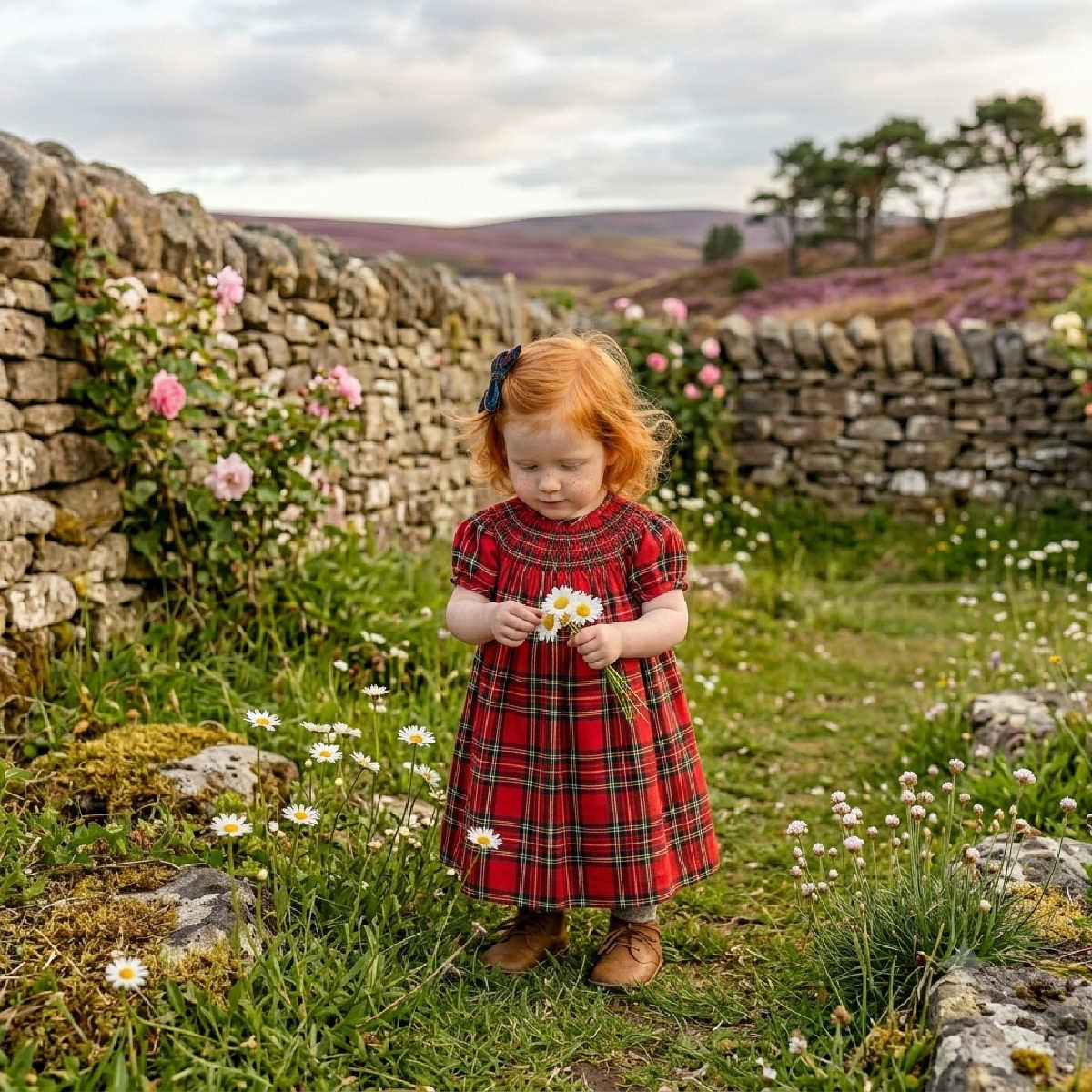 Young Scottish girl picking flowers in a garden