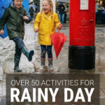 Children splashing in the rain next to a red postbox in London