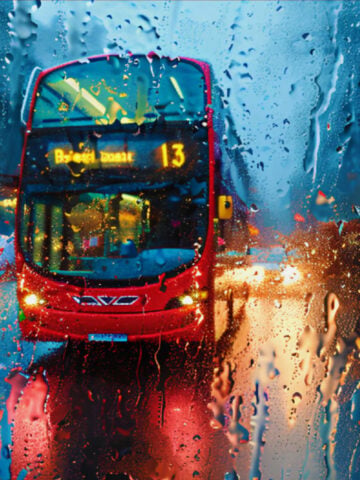 Red London bus in the rain