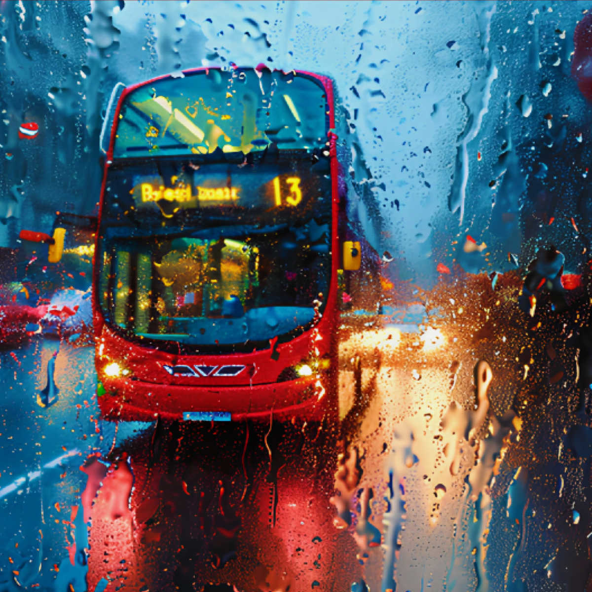 Red London bus in the rain