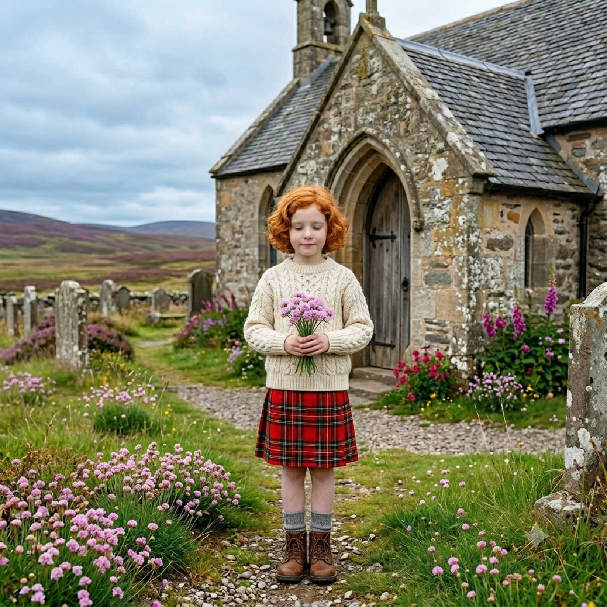 Scottish girl holding flowers in an old church yard