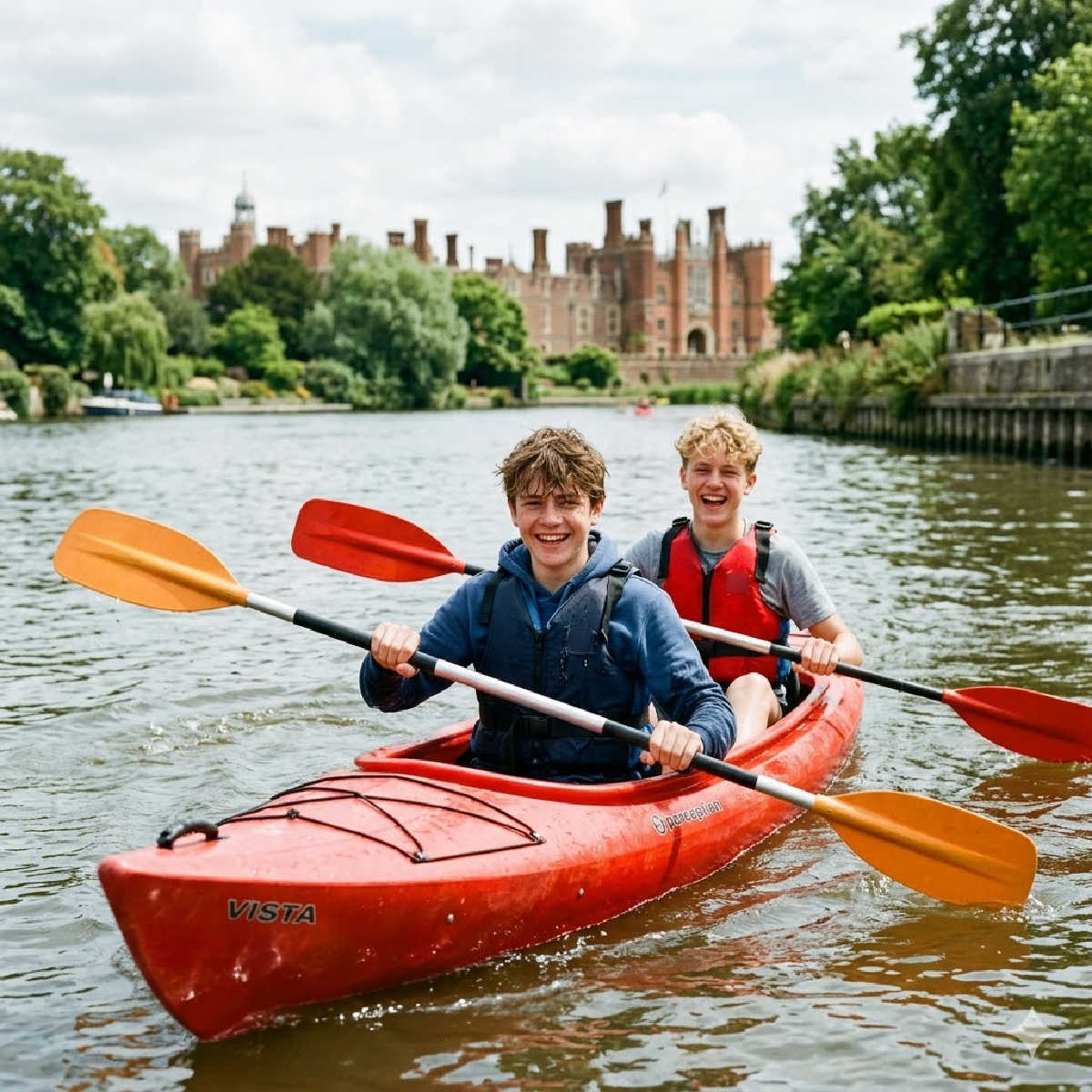 Teenage boys kayaking on the Thames at Hampton Court