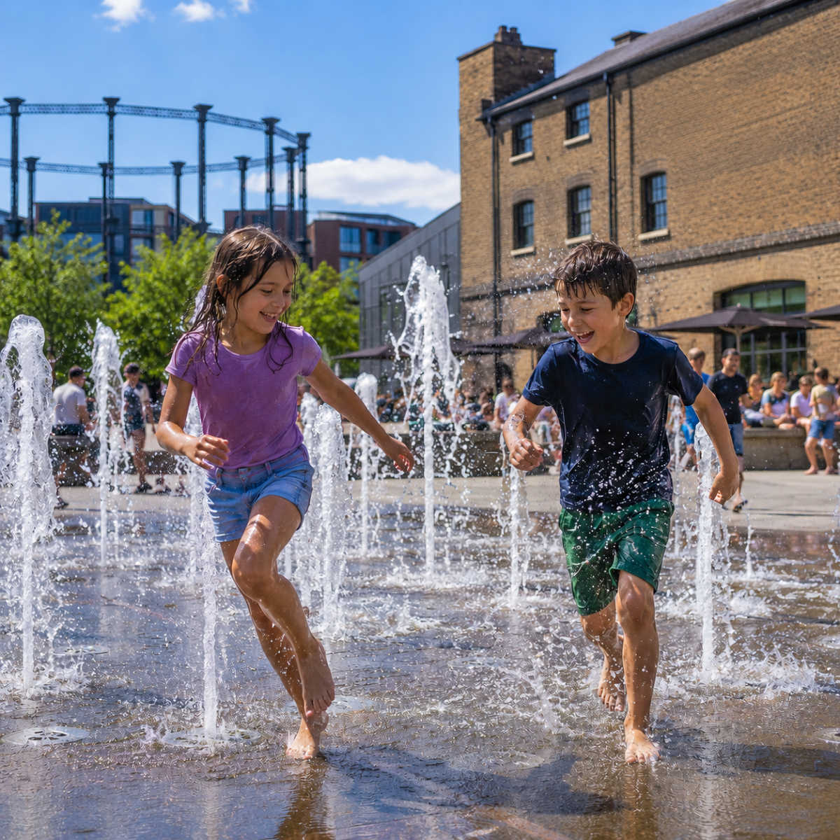 Kids splashing in fountains