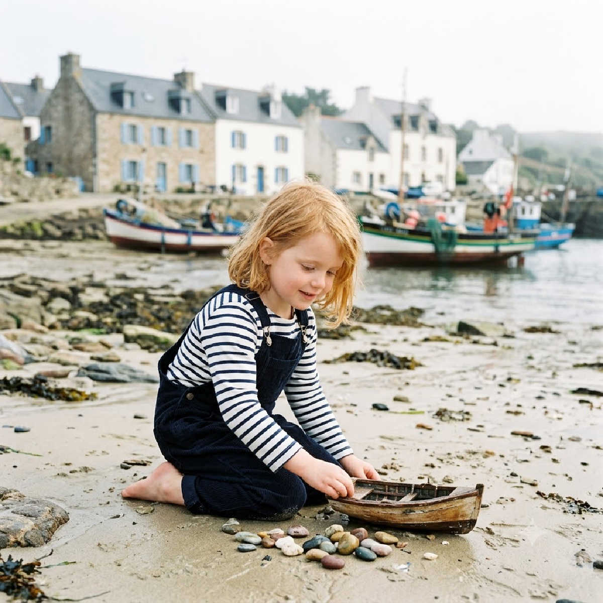 A little girl on a fishing village beach wearing a Breton t-shirt.
