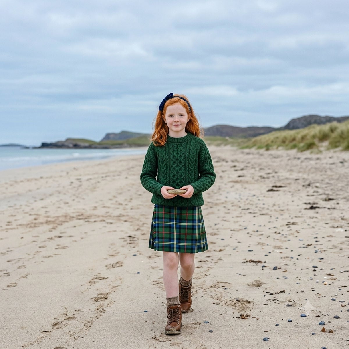 A Scottish girl with red hair walking along a Scottish beach