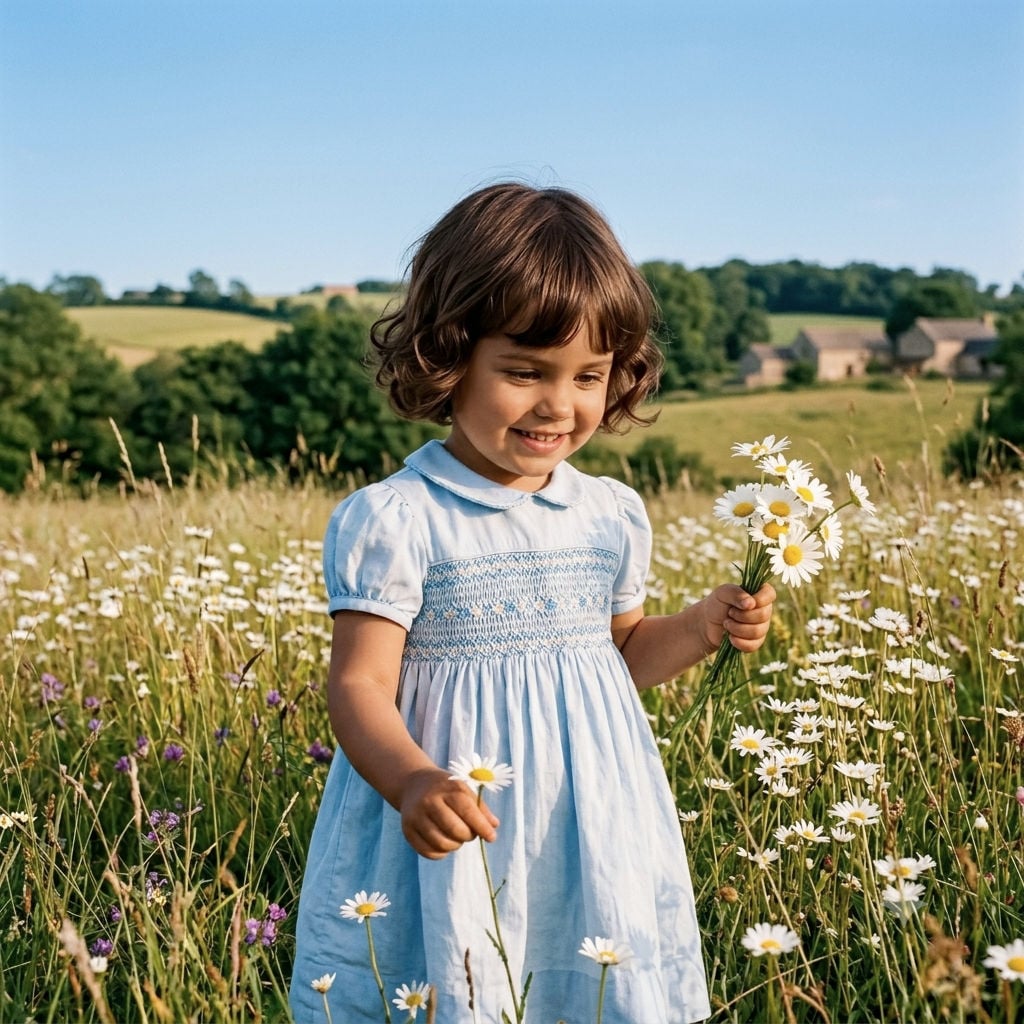 A little girl picking daisies