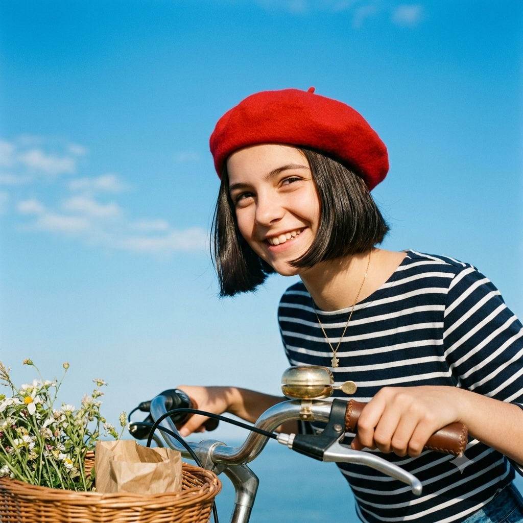 French girl wearing red beret pushing a bicycle