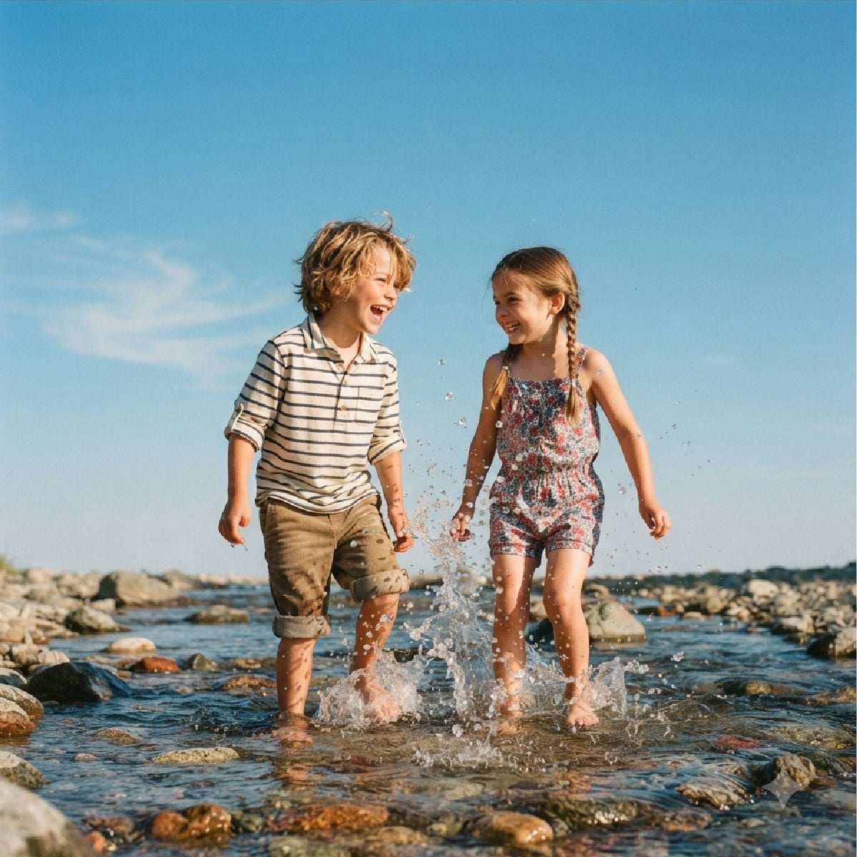 Happy boy and girl splashing in a stream