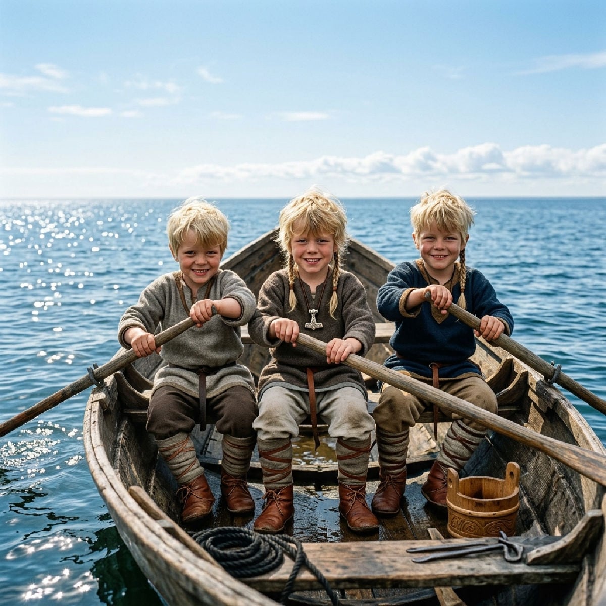 3 young Viking boys rowing a boat